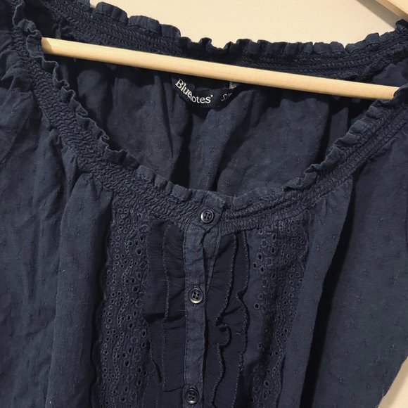 BLUENOTES Navy Blue Frill Trim Short Sleeve Shirred Embroidered Blouse - Picture 5 of 7